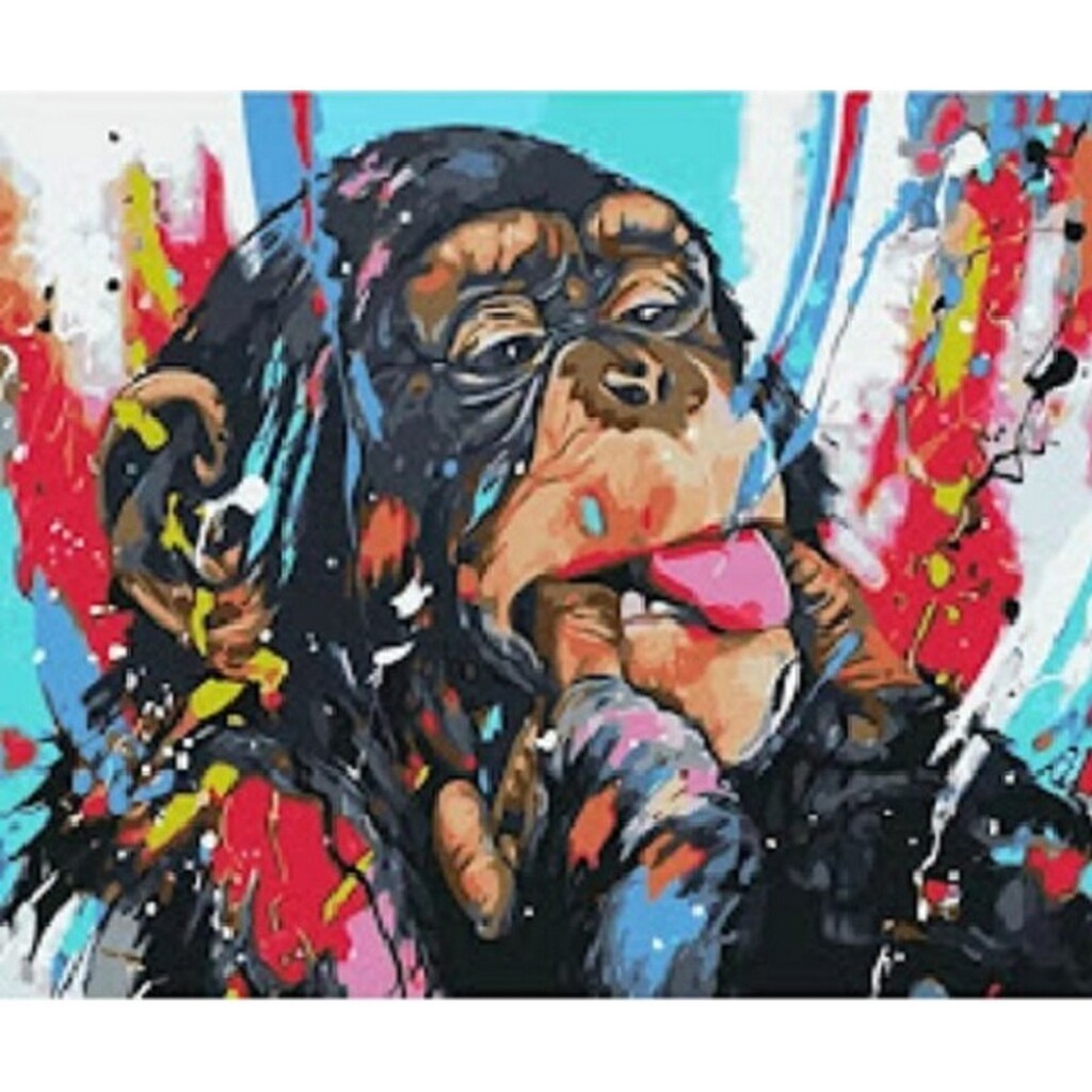 Fræk abe - Firkantede sten - 60 x 50 cm - Lærred, sten, pen, bakke, gele