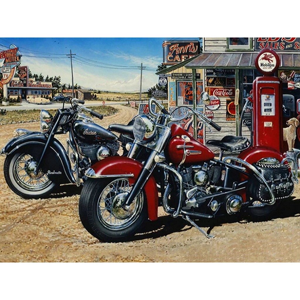 Motorcykler ved tankstation - Firkantede sten - 80 x 60 cm - Lærred, sten, pen, bakke, gele, poser til stenene