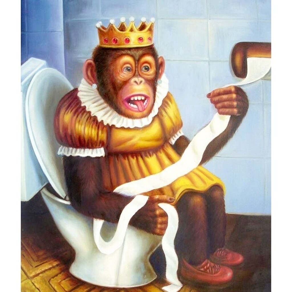 Abedronning på toilet - Firkantede sten - 40 x 50 cm - Lærred, sten, pen, bakke, gele