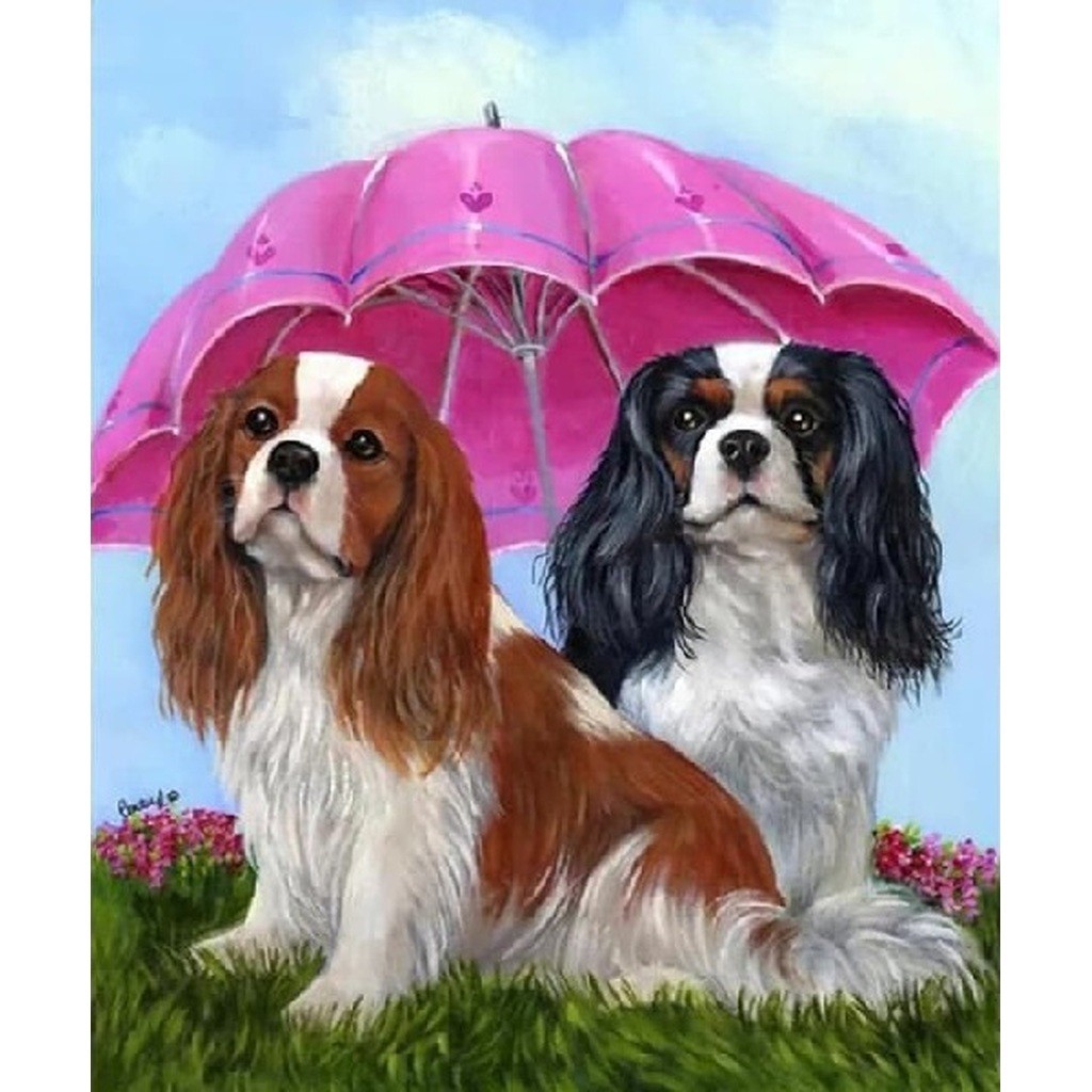 2 hunde med paraply - Firkantede sten - 50 x 60 cm - Lærred, sten, pen, bakke, gele