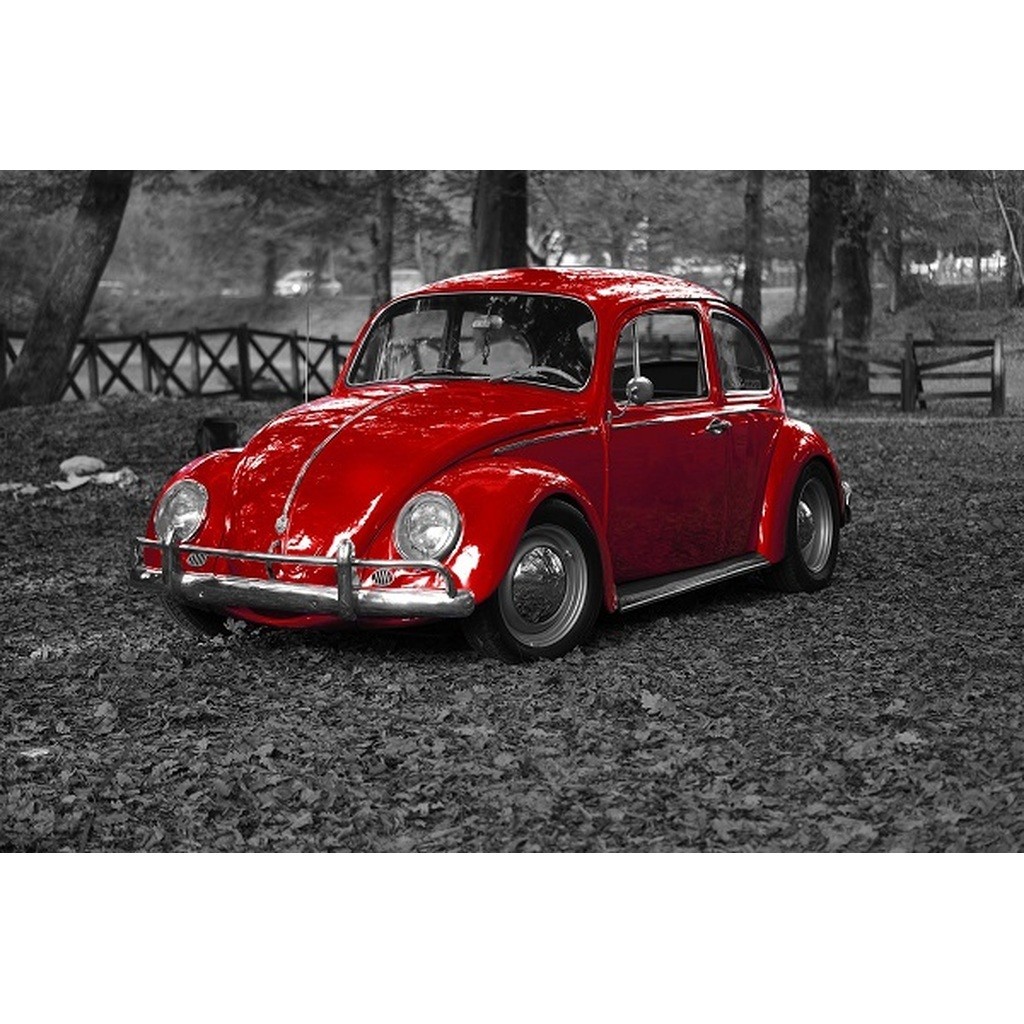 VW bobbel rød - Runde sten - 60 x 40 cm - Lærred, sten, pen, bakke, gele