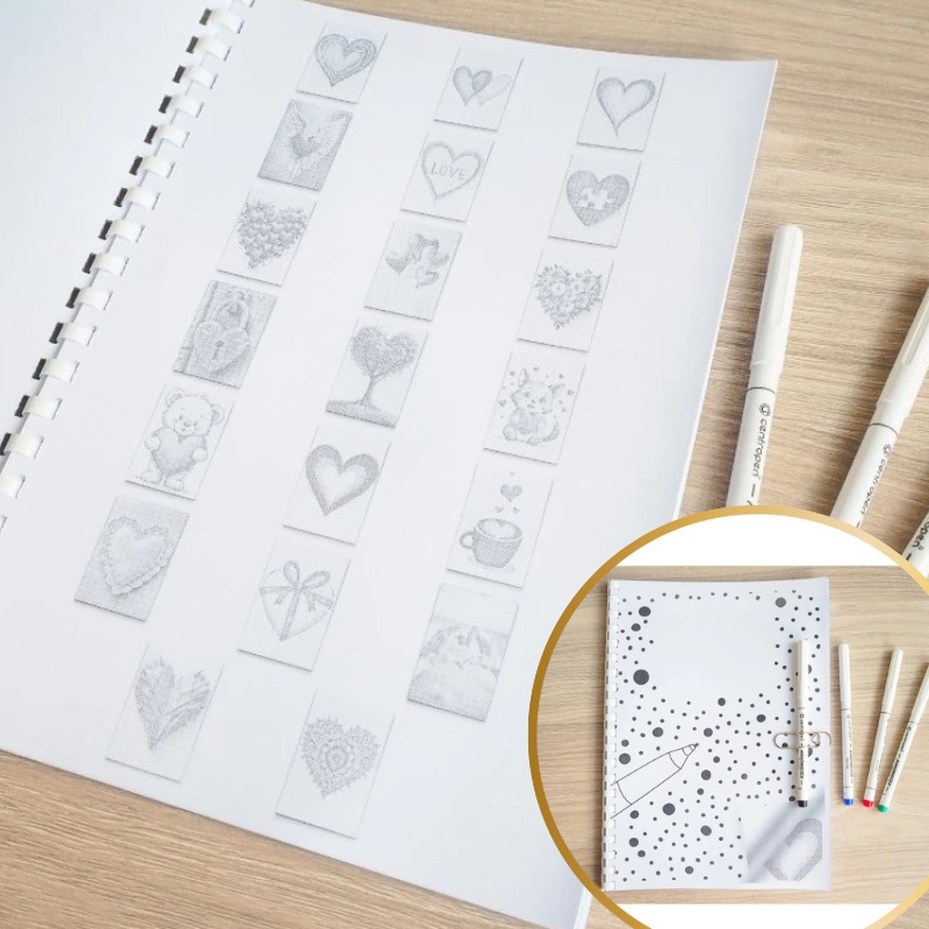 Hjerter - bog med 20 motiver i mal med prikker - Sort, rød, grøn og blå (1 pen i hver farve)