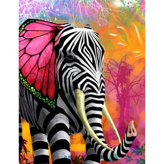 Elefant med zebrastriber - Runde sten - 45 x 60 cm - Lærred, sten, pen, bakke, gele