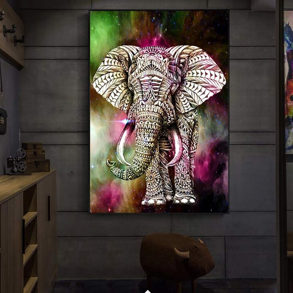 Elefant med mønster - Firkantede sten - 60 x 80 cm - Lærred, sten, pen, bakke, gele