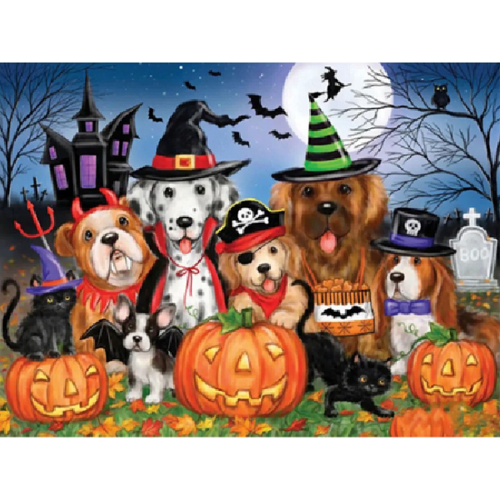 Halloweenhunde - Runde sten - 60 x 45 cm - Lærred, sten, pen, bakke, gele, poser til stenene