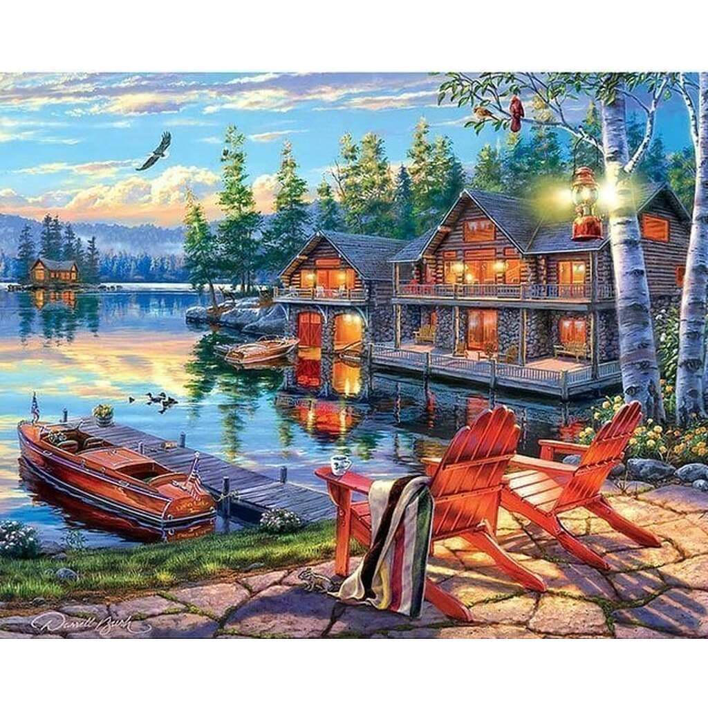 Sø med huse og båd - Firkantede sten - 60 x 75 cm - Lærred, sten, pen, bakke, gele