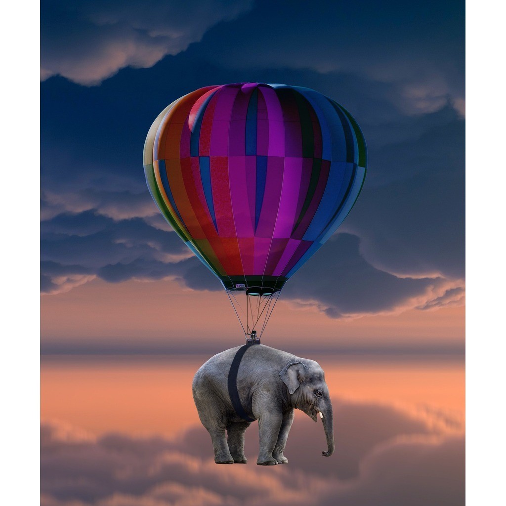 Luftballon med elefant - Firkantede sten - 50 x 60 cm - Lærred, sten, pen, bakke, gele
