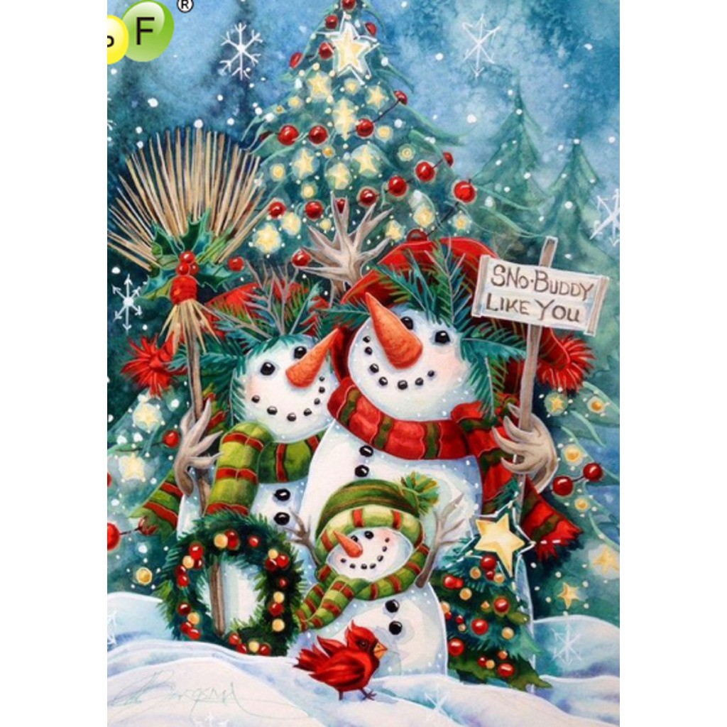 Snemandsfamilie - Sno-buddy like you - Runde sten - 50 x 70 cm - Lærred, sten, pen, bakke, gele