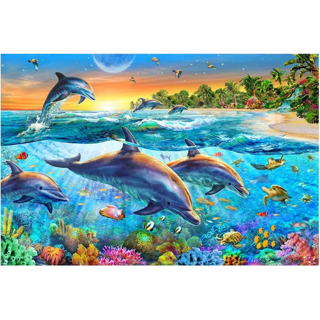 Delfiner ved solnedgang - Runde sten - 50 x 75 cm - Lærred, sten, pen, bakke, gele