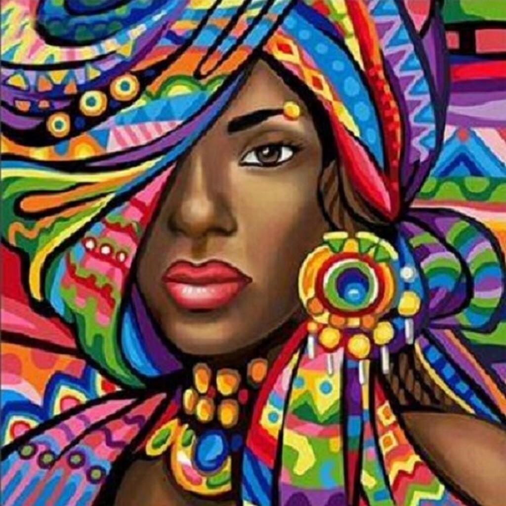 Afrikansk kvinde i farver - Firkantede sten - 50 x 50 cm - Lærred, sten, pen, bakke, gele