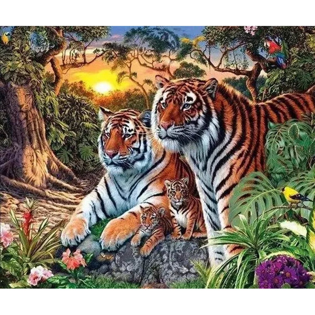 Tigerfamilie i junglen - Firkantede sten - 60 x 50 cm - Lærred, sten, pen, bakke, gele, poser til stenene