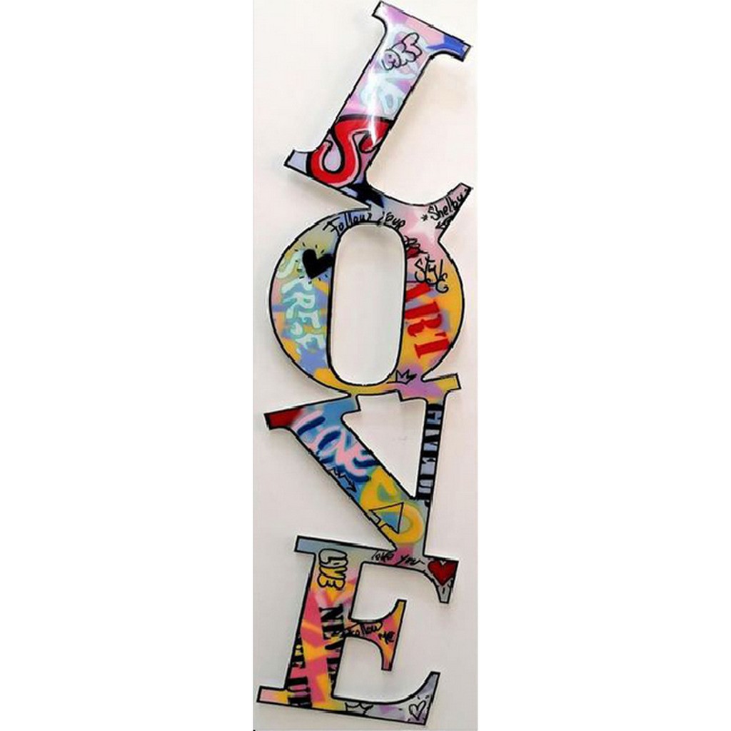 Love grafitti 2 - Firkantede sten - 40 x 130 cm - Lærred, sten, pen, bakke, gele