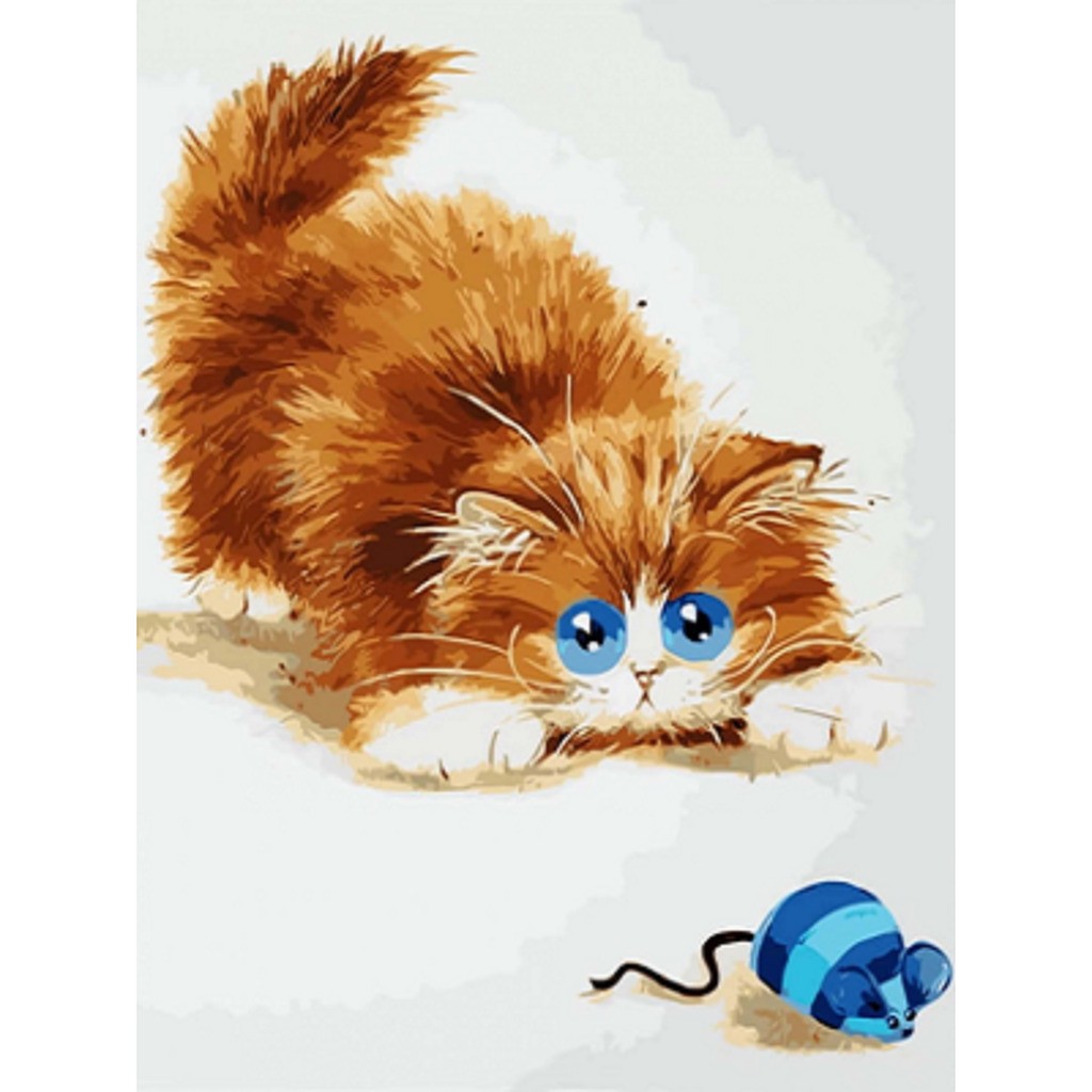 Katten efter musen - Runde sten - 45 x 60 cm - Lærred, sten, pen, bakke, gele