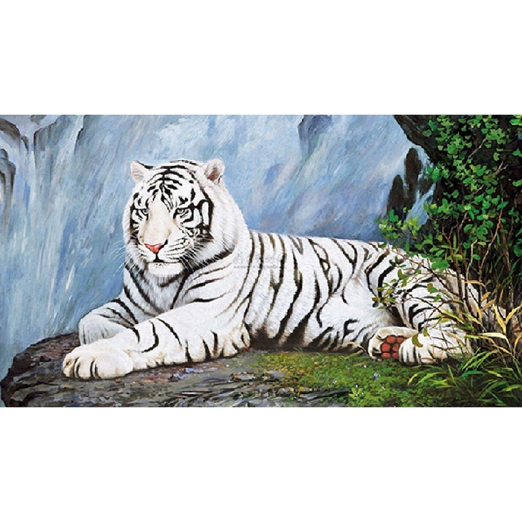 Hvid tiger på klippe - Runde sten - 90 x 50 cm - Lærred, sten, pen, bakke, gele