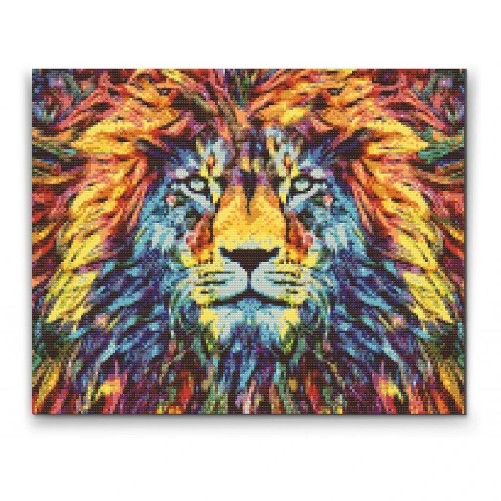 Løve med farverig manke - Premium - Firkantede sten - 80 x 60 cm - Lærred, sten, pen, bakke, gele, poser til stenene - Med saml-selv-ramme