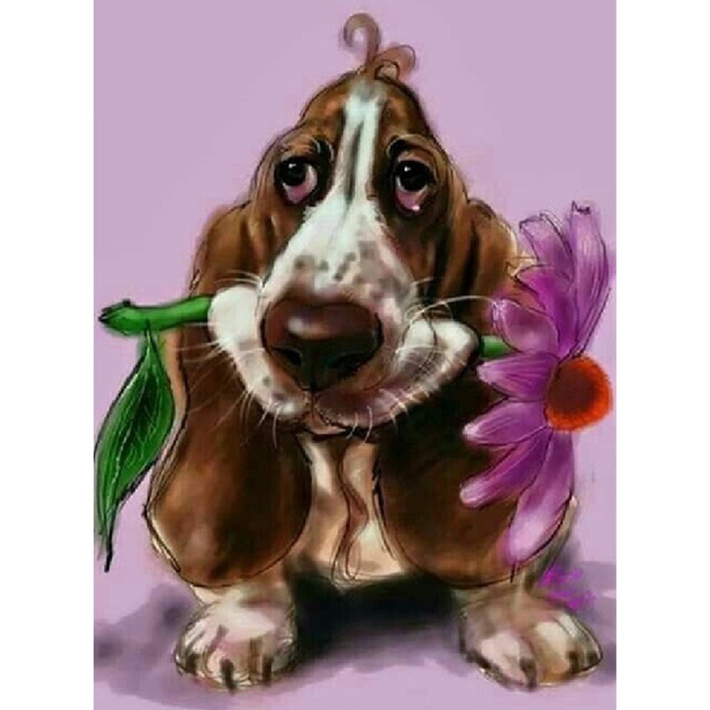 Basset-hund med blomst - Runde sten - 40 x 50 cm - Lærred, sten, pen, bakke, gele