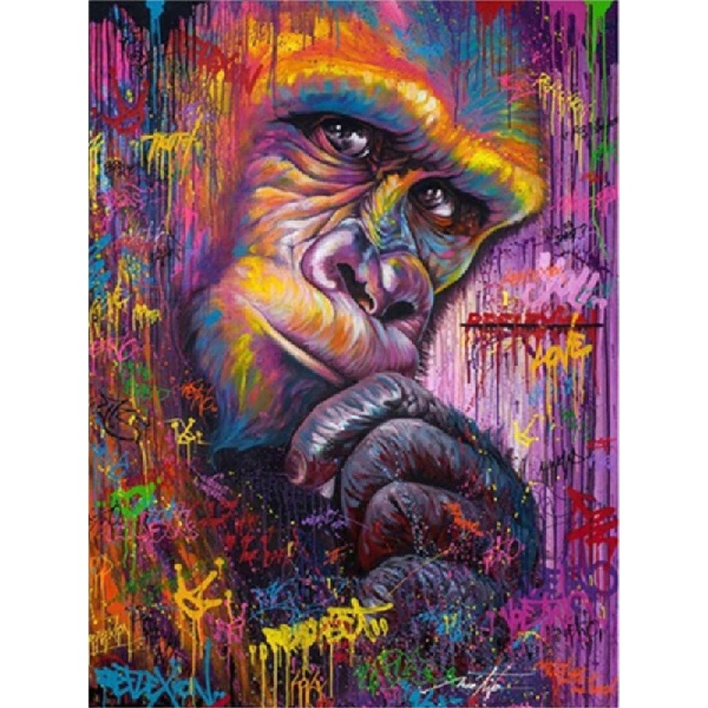 Abe i mange farver - Firkantede sten - 45 x 60 cm - Lærred, sten, pen, bakke, gele