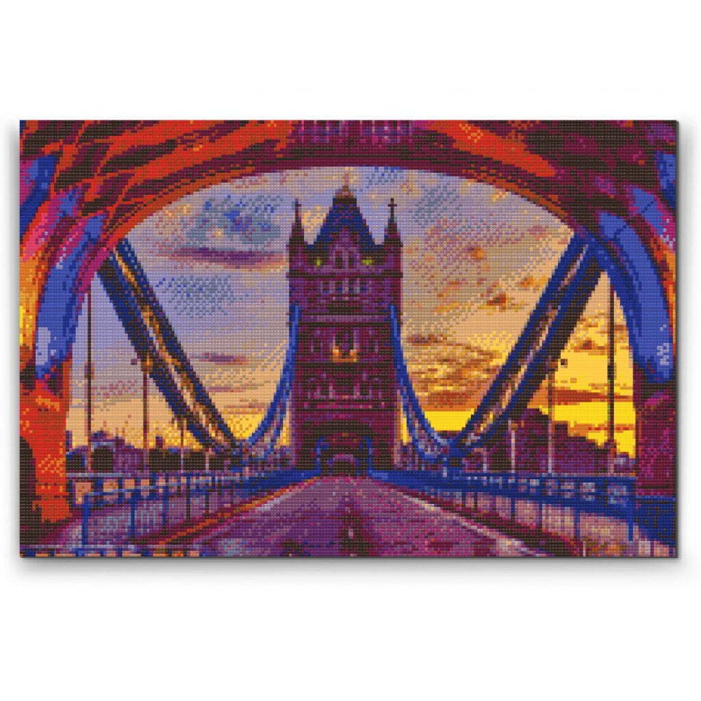 Farverig Tower Bridge - Premium - Firkantede sten - 120 x 80 cm - Lærred, sten, pen, bakke, gele, poser til stenene - Med saml-selv-ramme