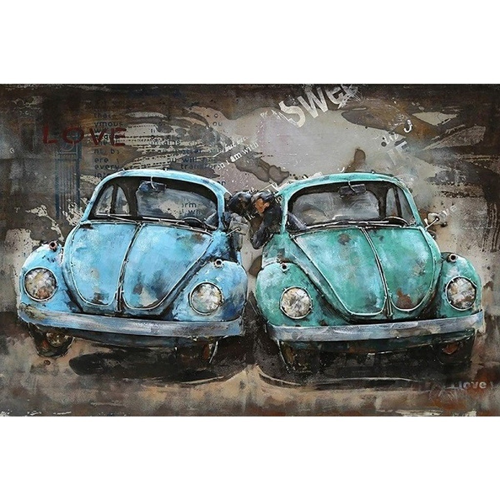 2 Volkswagen Bobler - Runde sten - 90 x 60 cm - Lærred, sten, pen, bakke, gele