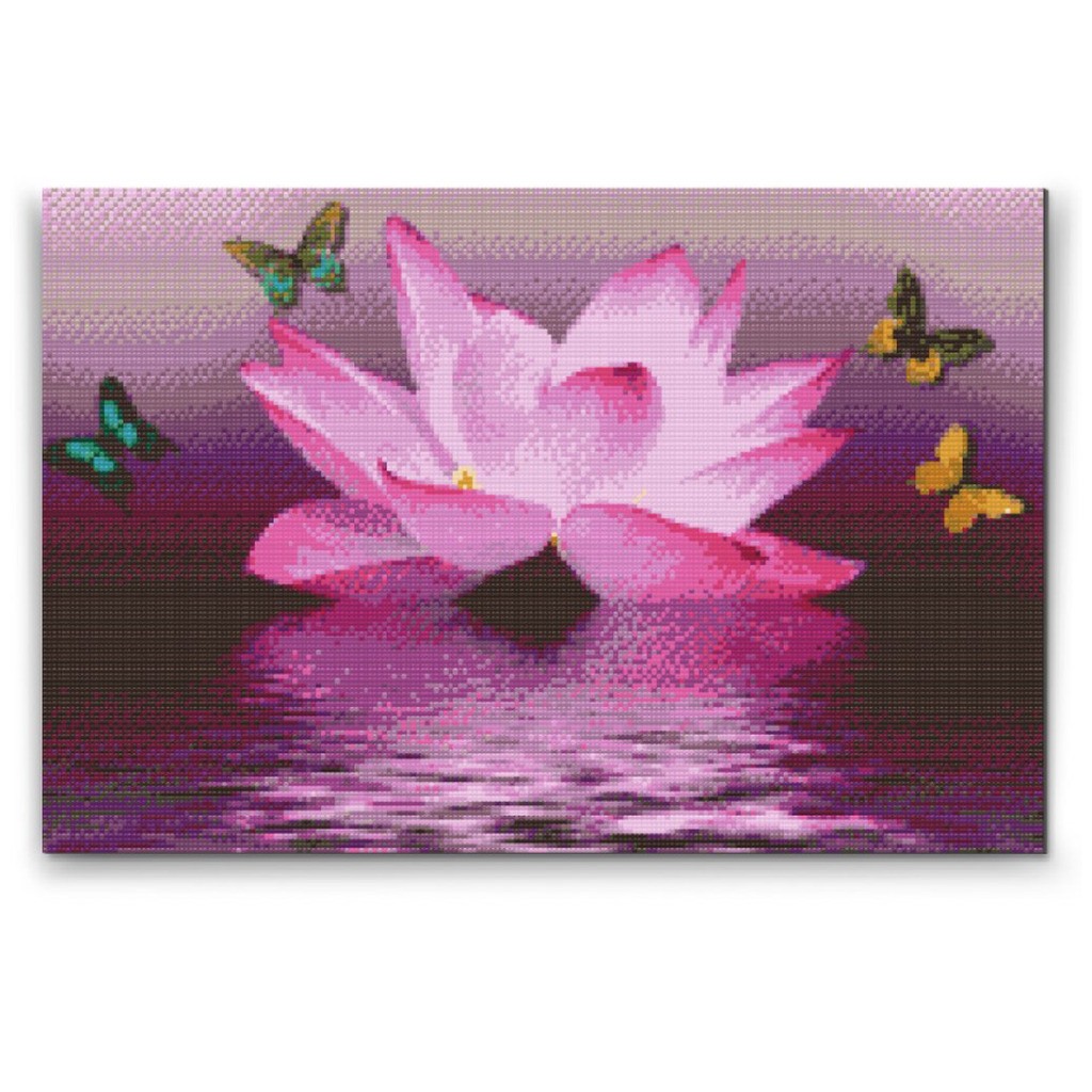 Lotus og sommerfugle - Premium - Firkantede sten - 60 x 40 cm - Lærred, sten, pen, bakke, gele, poser til stenene - Med saml-selv-ramme