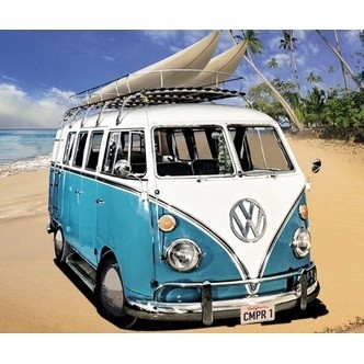 Blå Volkswagen bus - Firkantede sten - 60 x 50 cm - heldaekkende - Lærred, sten, pen, bakke, gele