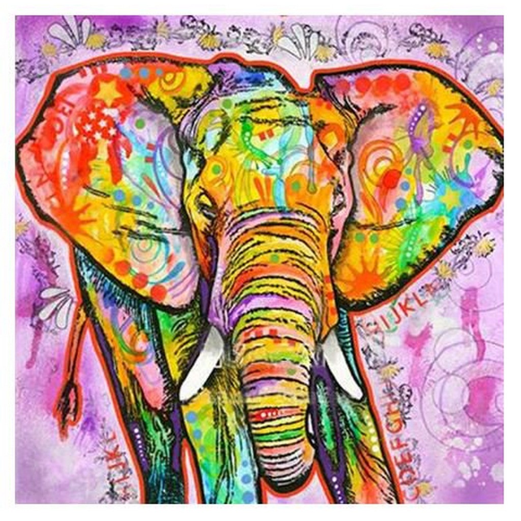 Elefant med lilla baggrund - Firkantede sten - 50 x 50 cm - Lærred, sten, pen, bakke, gele, poser til stenene