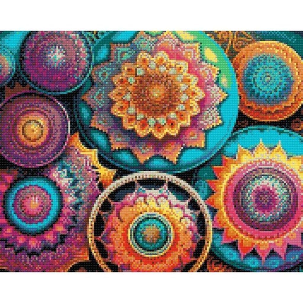 Blomster-mandala - Premium - Firkantede sten - 100 x 80 cm - Lærred, sten, pen, bakke, gele, poser til stenene - Med saml-selv-ramme