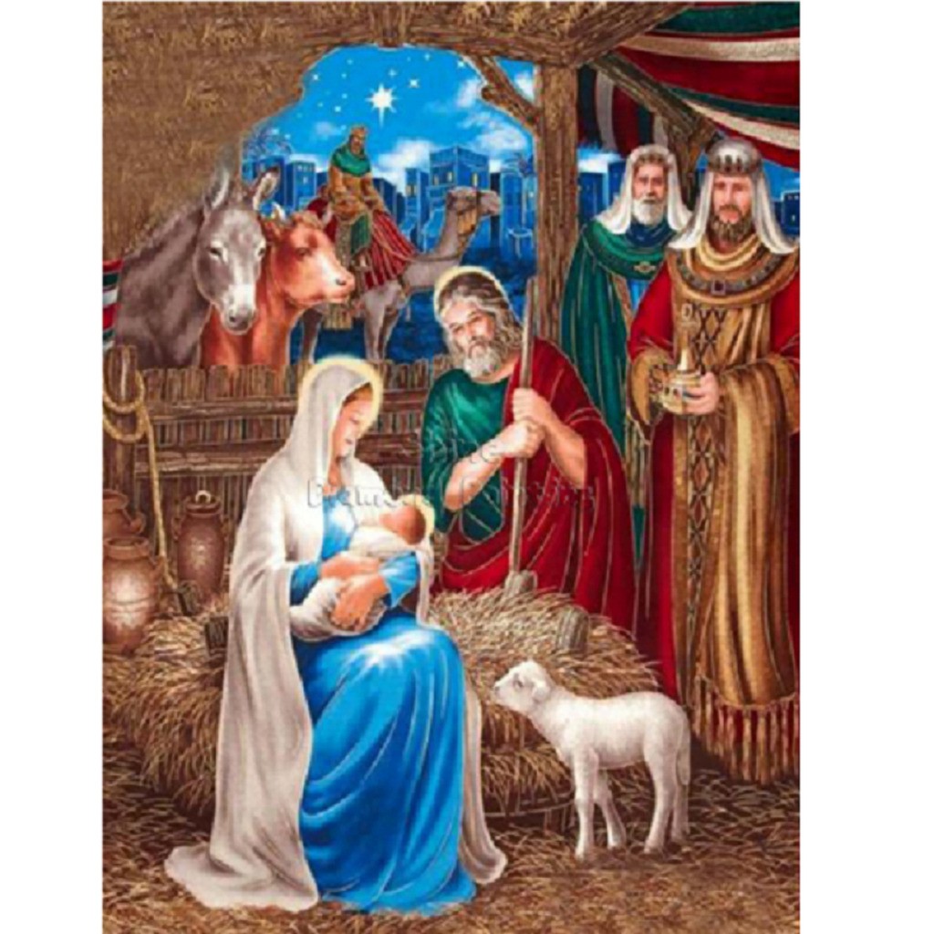 Jesusbarnet 1 - Runde sten - 60 x 45 cm - Lærred, sten, pen, bakke, gele, poser til stenene