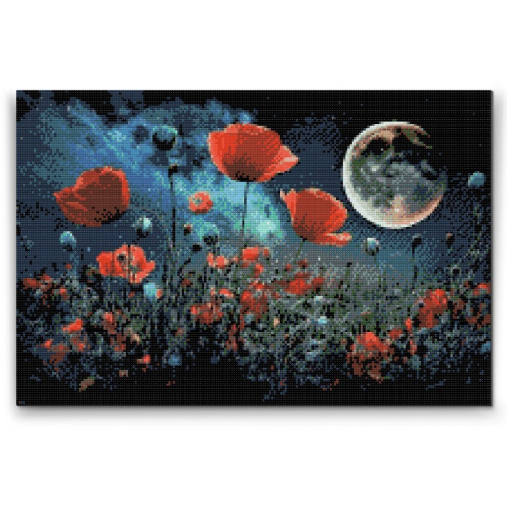 Valmuer i månelyset - Premium - Firkantede sten - 60 x 40 cm - Lærred, sten, pen, bakke, gele, poser til stenene - med-saml-selv-ramme