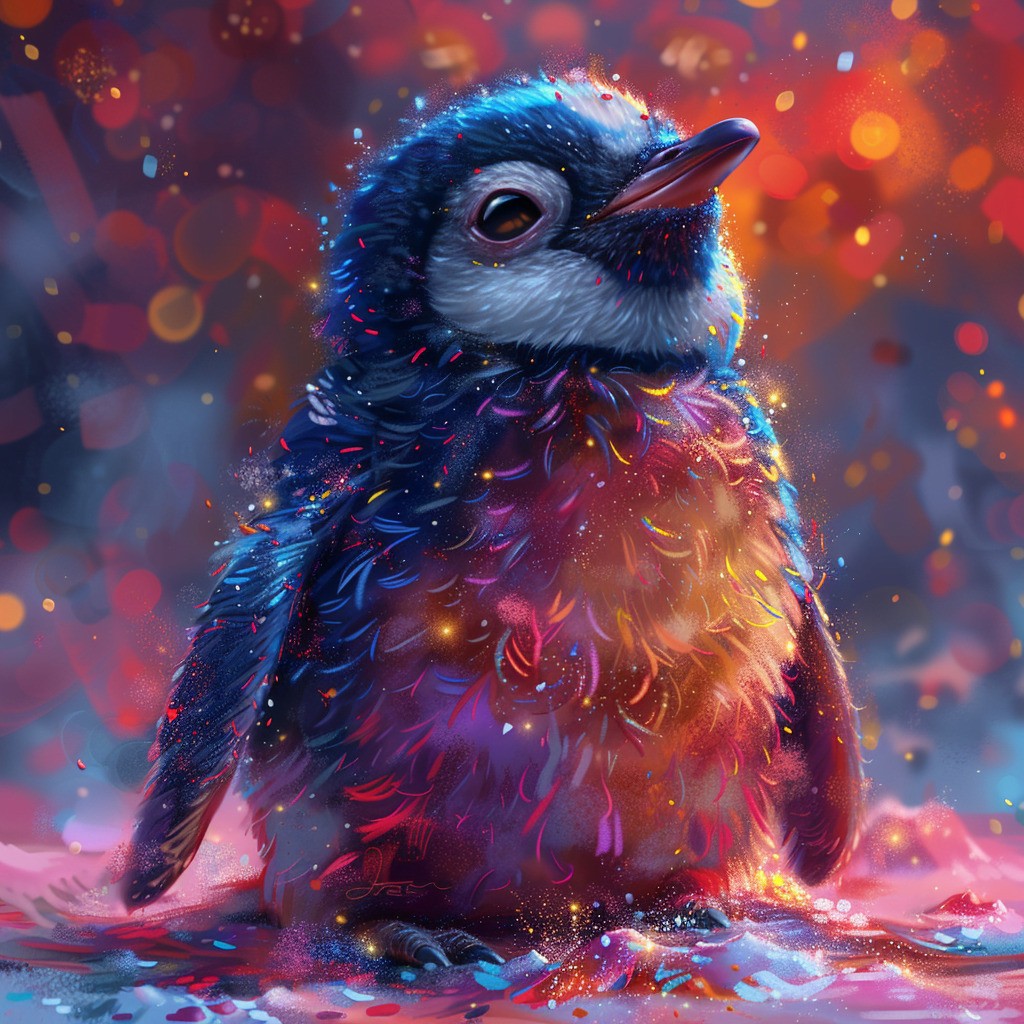 Farverig pingvin - Premium - Runde sten - 50 x 50 cm - med-saml-selv-ramme - Lærred, sten, pen, bakke, gele, poser til stenene