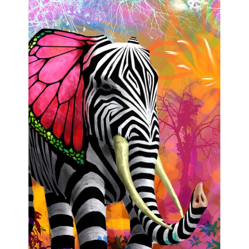 Elefant med zebrastriber - Firkantede sten - 45 x 60 cm - Lærred, sten, pen, bakke, gele