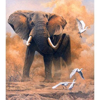 Elefant på savannen - Runde sten - 50 x 50 cm - Lærred, sten, pen, bakke, gele