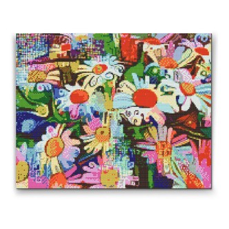 Farverige blomster - Premium - Runde sten - 40 x 30 cm - Lærred, sten, pen, bakke, gele, poser til stenene - med-saml-selv-ramme