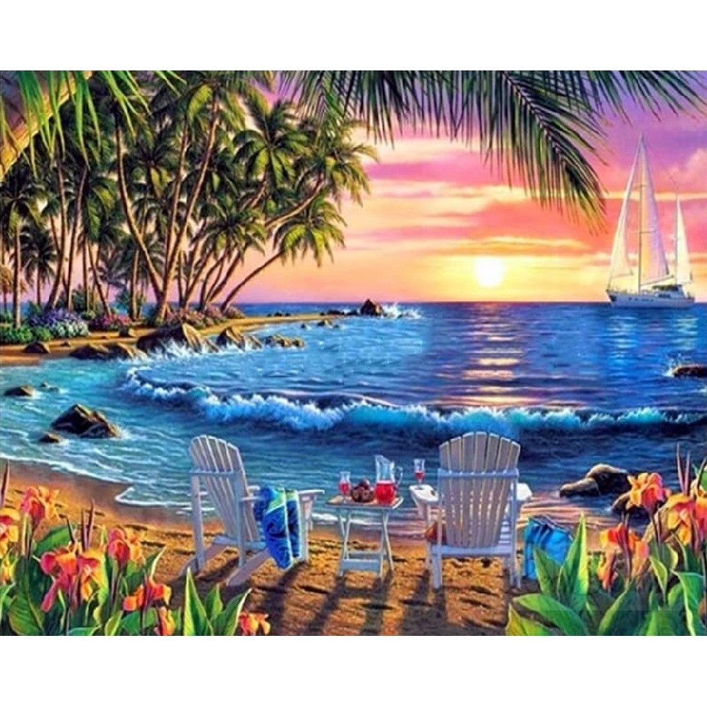 Farverigt strandbillede - Runde sten - 75 x 60 cm - Lærred, sten, pen, bakke, gele