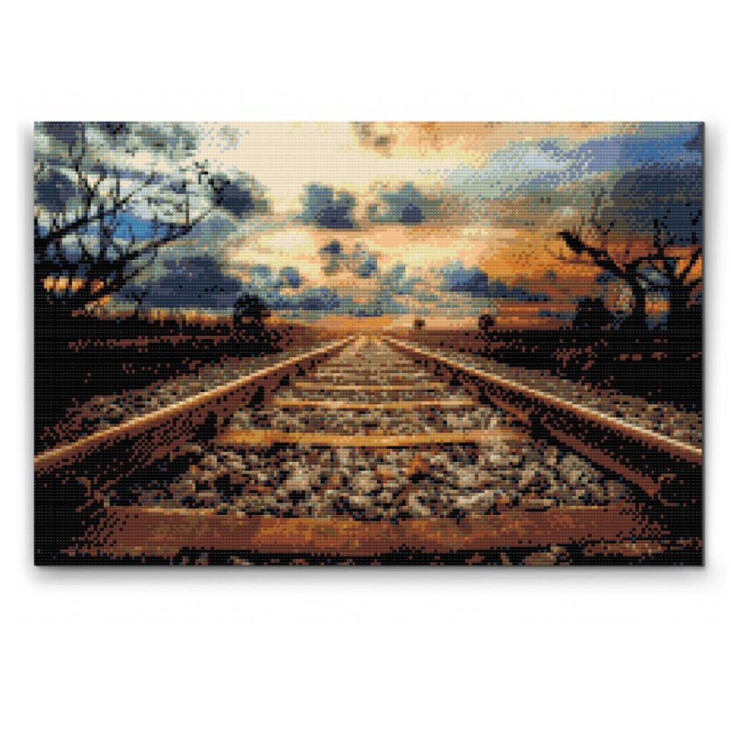 Jernbaneskinner - Premium - Firkantede sten - 80 x 60 cm - Lærred, sten, pen, bakke, gele, poser til stenene - med-saml-selv-ramme