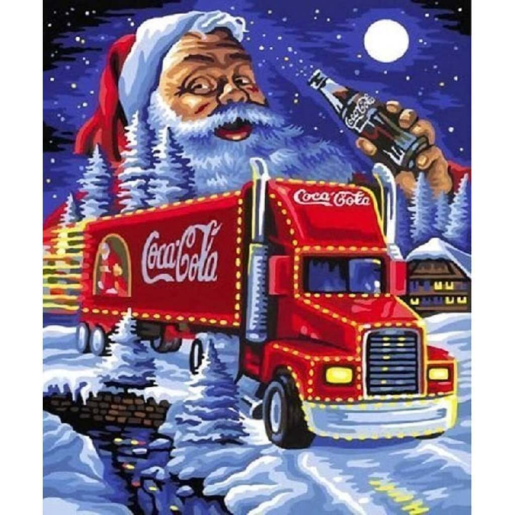 Julemanden med Coca Cola lastbil - Runde sten - 50 x 60 cm - Lærred, sten, pen, bakke, gele, poser til stenene