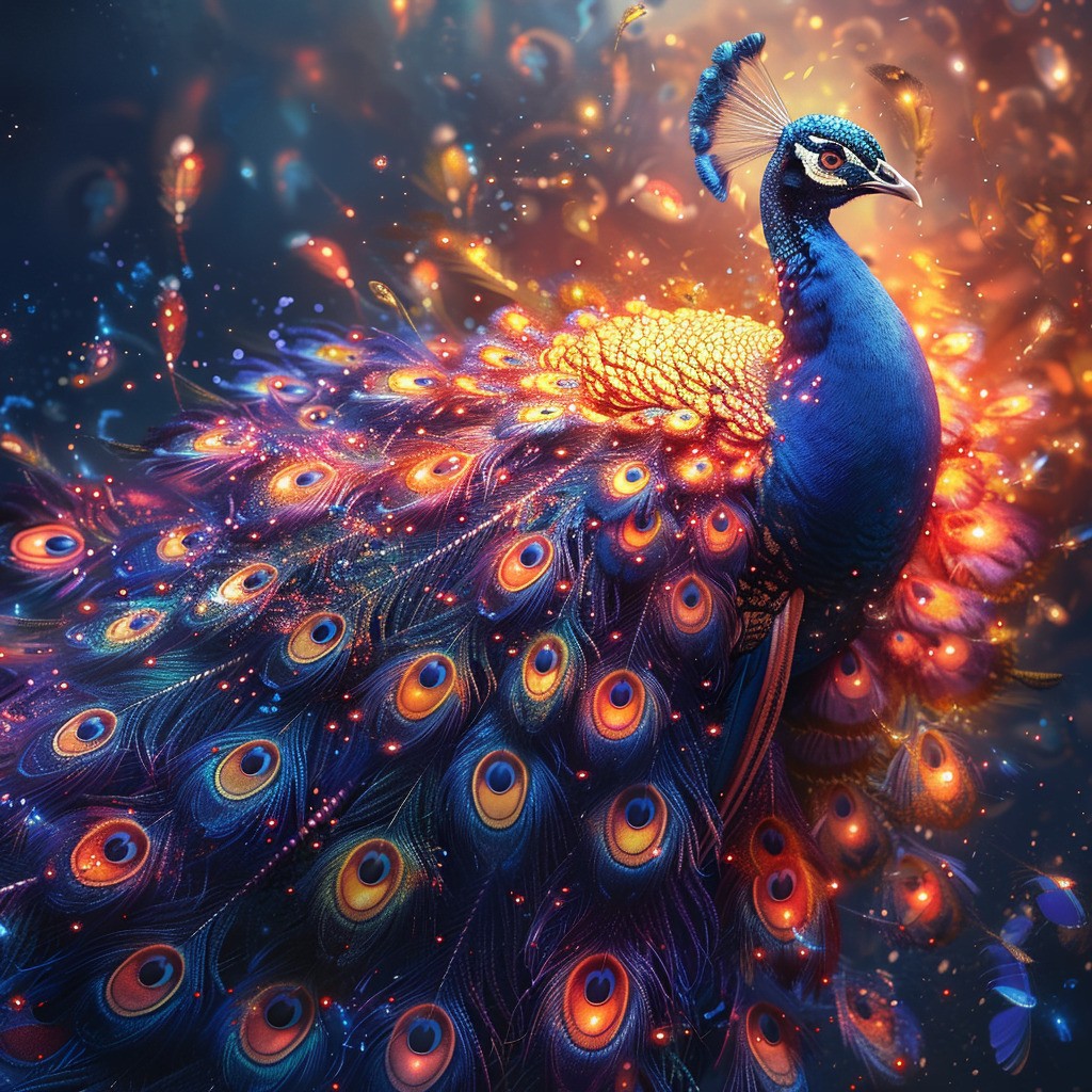 Farverig påfugl - Premium - Runde sten - 50 x 50 cm - med-saml-selv-ramme - Lærred, sten, pen, bakke, gele, poser til stenene