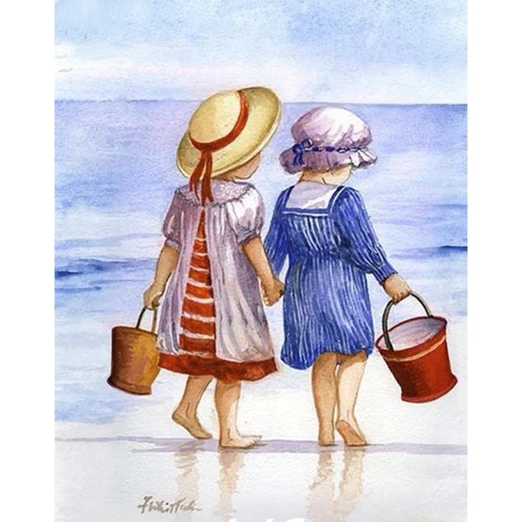 Børn ved havet - Firkantede sten - 50 x 65 cm - Lærred, sten, pen, bakke, gele