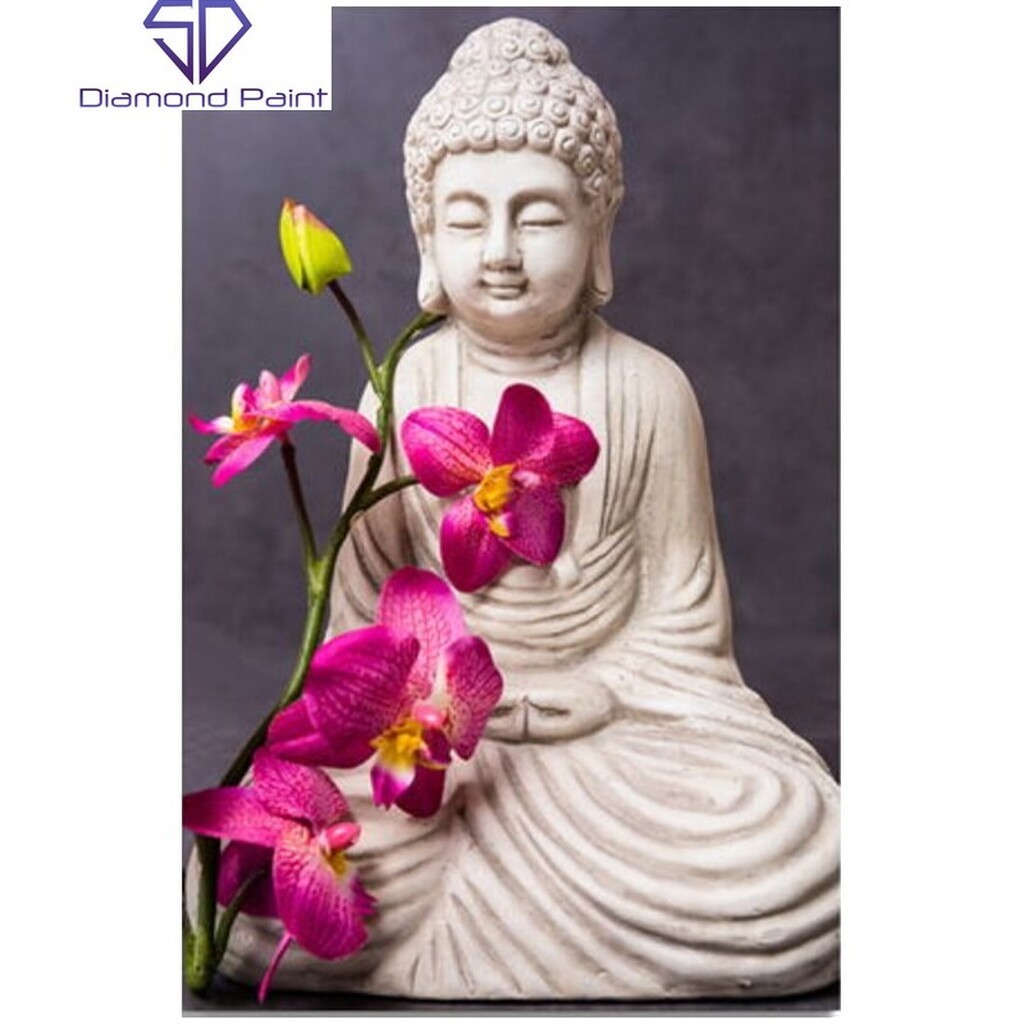 Statue med blomst - Runde sten - 50 x 75 cm - Lærred, sten, pen, bakke, gele