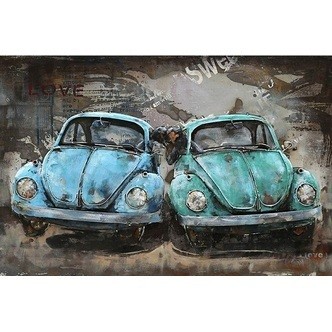 2 Volkswagen Bobler - Firkantede sten - 60 x 40 cm - Lærred, sten, pen, bakke, gele