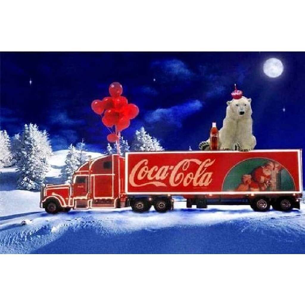 Isbjørn på Coca Cola lastbil - Runde sten - 90 x 60 cm - Lærred, sten, pen, bakke, gele
