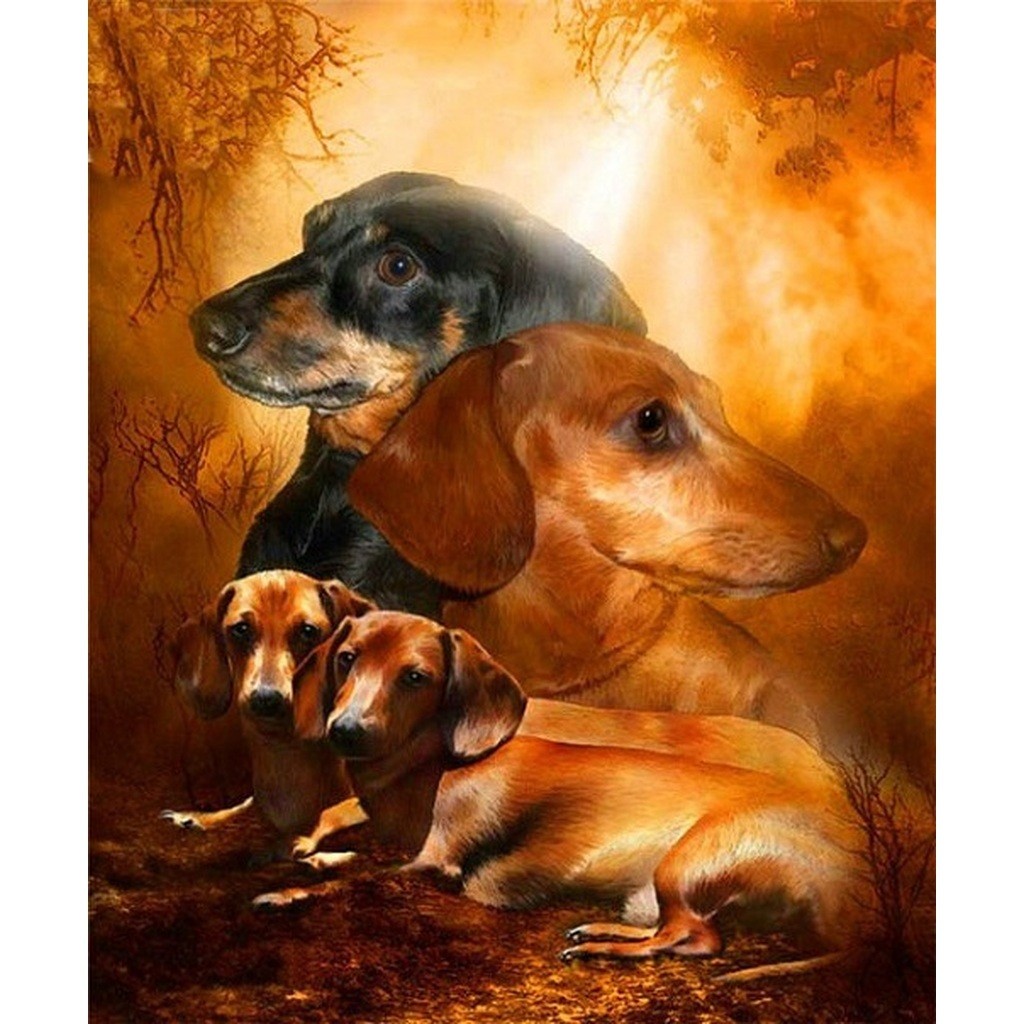 Gravhunde - Runde sten - 50 x 60 cm - Lærred, sten, pen, bakke, gele