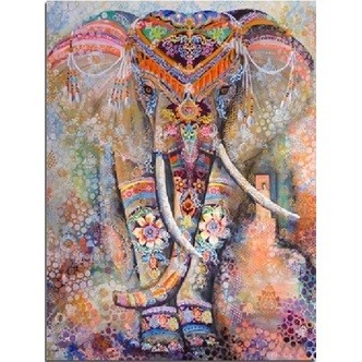 Dekorativ elefant - Firkantede sten - 45 x 60 cm - Lærred, sten, pen, bakke, gele