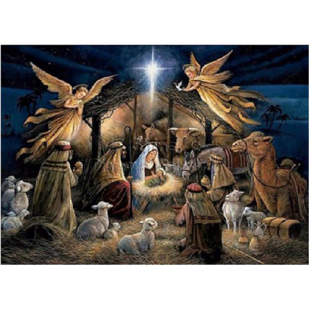Jesubarnet i stalden - Runde sten - 70 x 50 cm - Lærred, sten, pen, bakke, gele