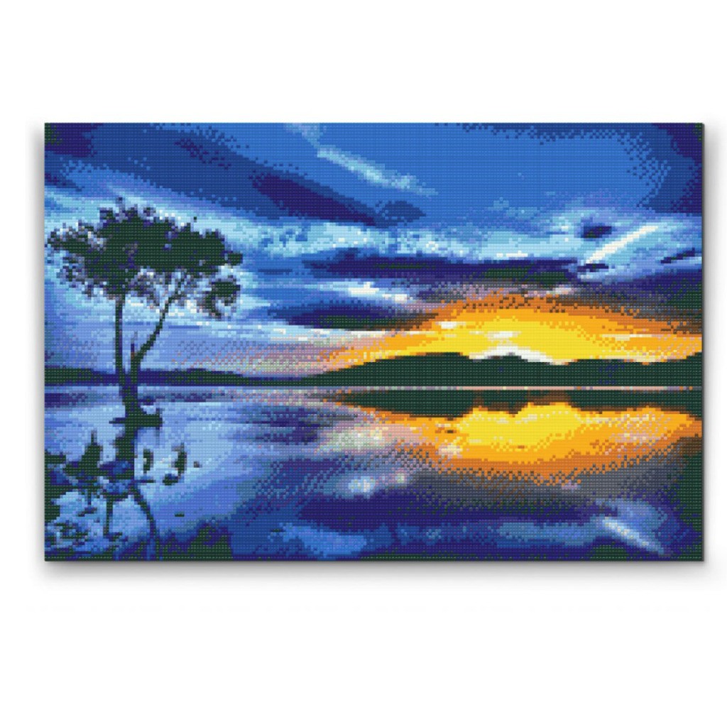 Solnedgang og mørkt træ - Premium - Firkantede sten - 80 x 60 cm - Lærred, sten, pen, bakke, gele, poser til stenene - med-saml-selv-ramme