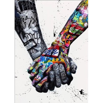 Tatoo - hånd i hånd - Firkantede sten - 45 x 60 cm - Lærred, sten, pen, bakke, gele