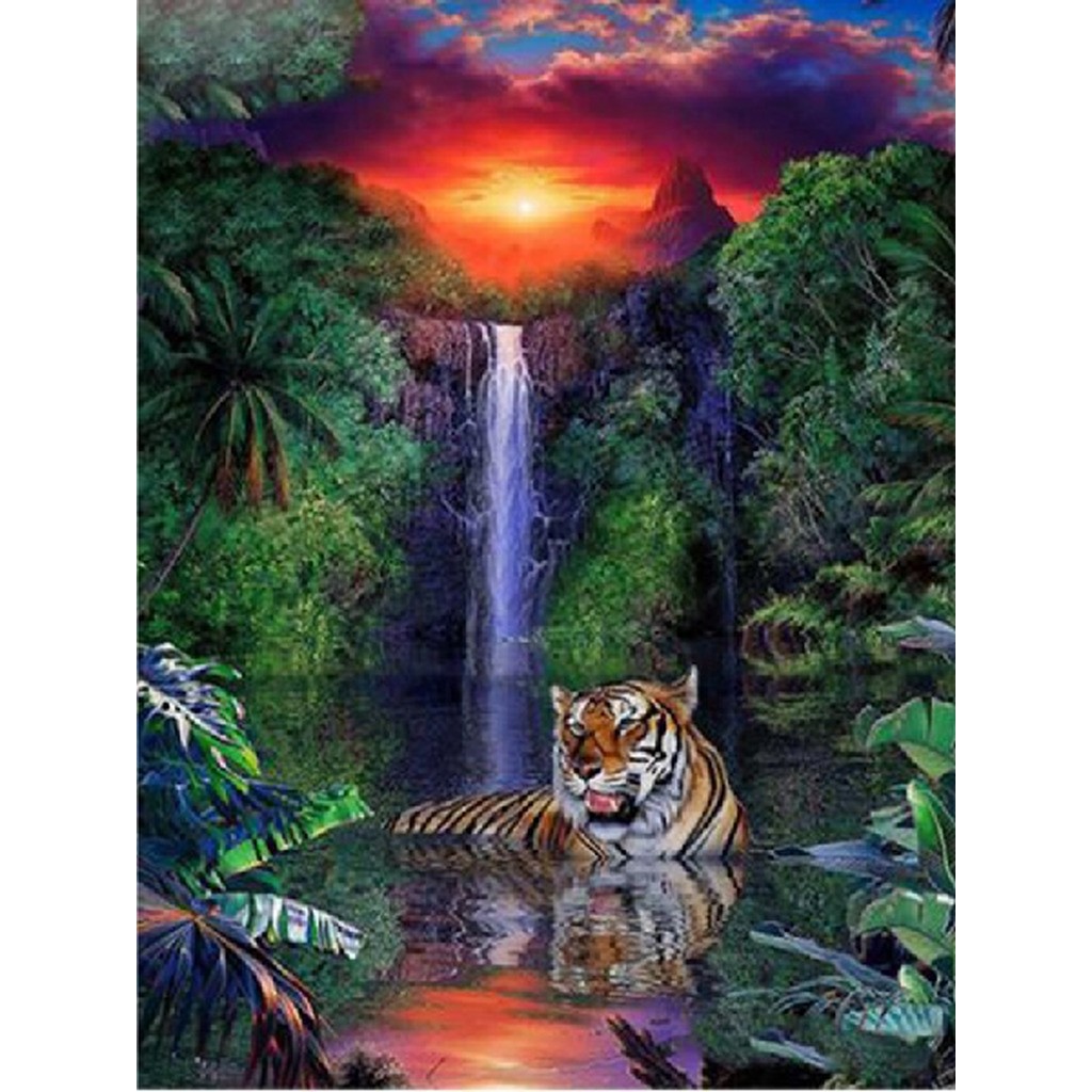 Tiger og vandfald - Runde sten - 45 x 60 cm - Lærred, sten, pen, bakke, gele