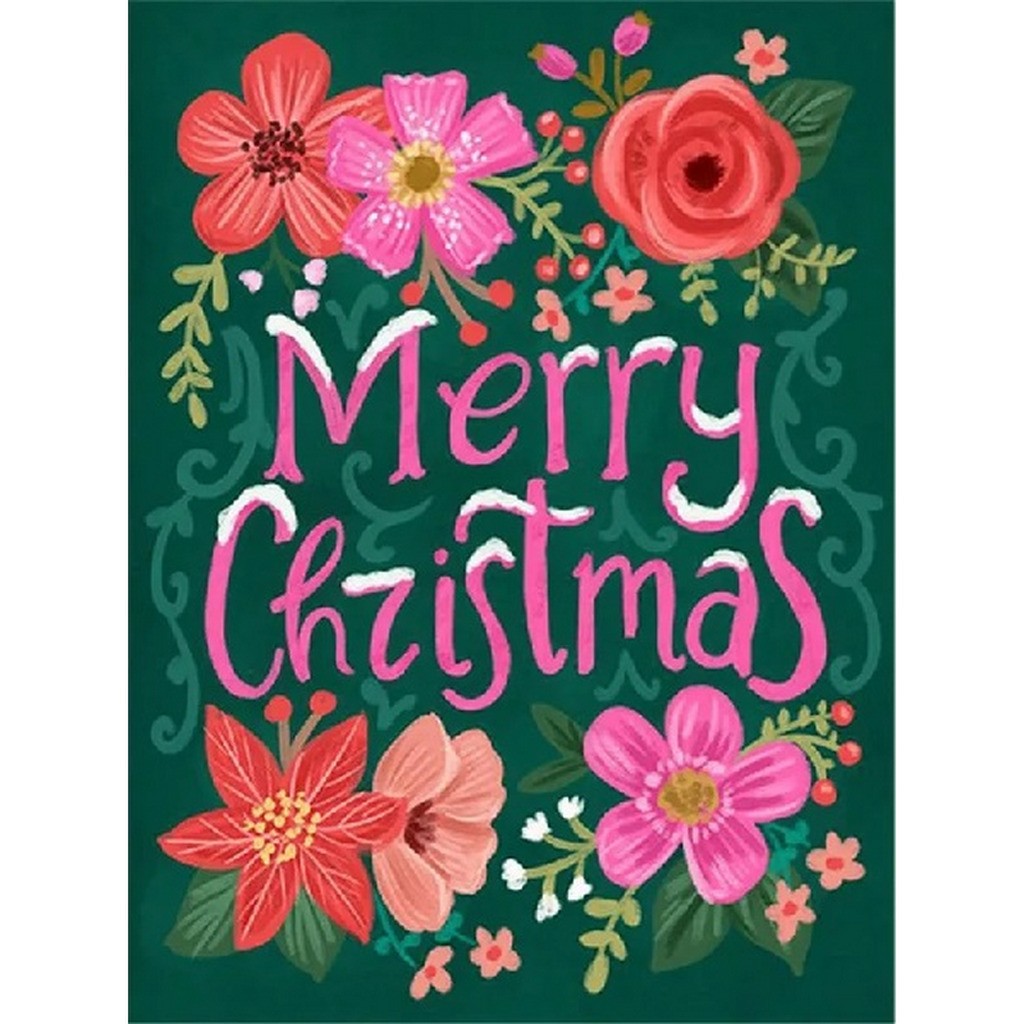 Merry christmas med blomster - Firkantede sten - 45 x 60 cm - Lærred, sten, pen, bakke, gele, poser til stenene