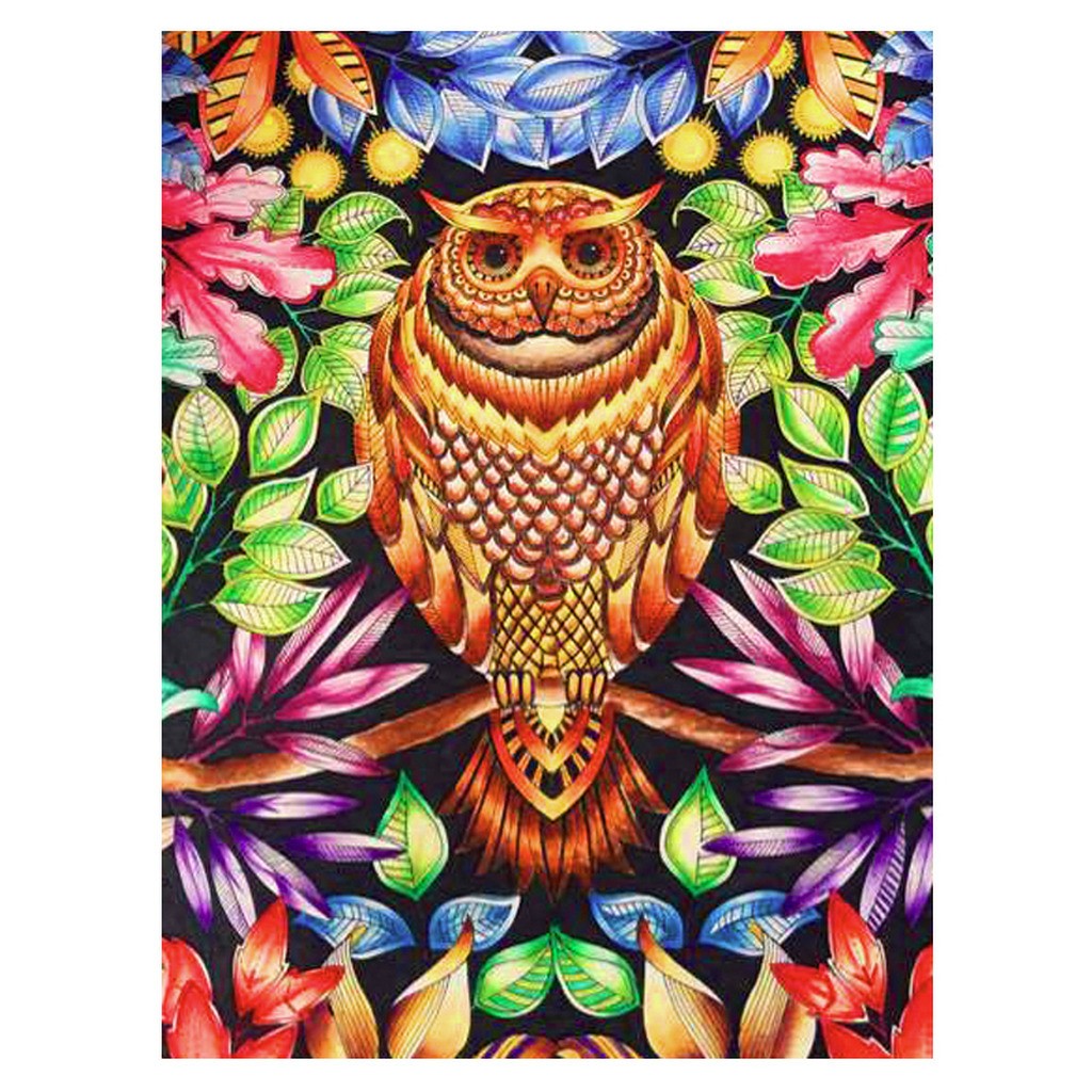 Guldfarvet ugle - Runde sten - 45 x 60 cm - Lærred, sten, pen, bakke, gele