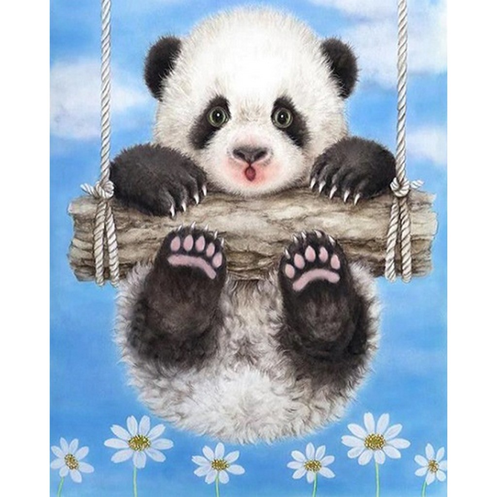 Panda på gynge - Runde sten - 40 x 50 cm - Lærred, sten, pen, bakke, gele